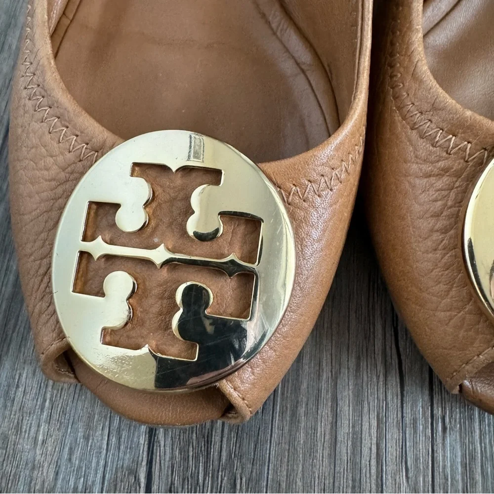 Tory Burch Tan Leather Julianne Peep Toe Wedge Pumps Size 8